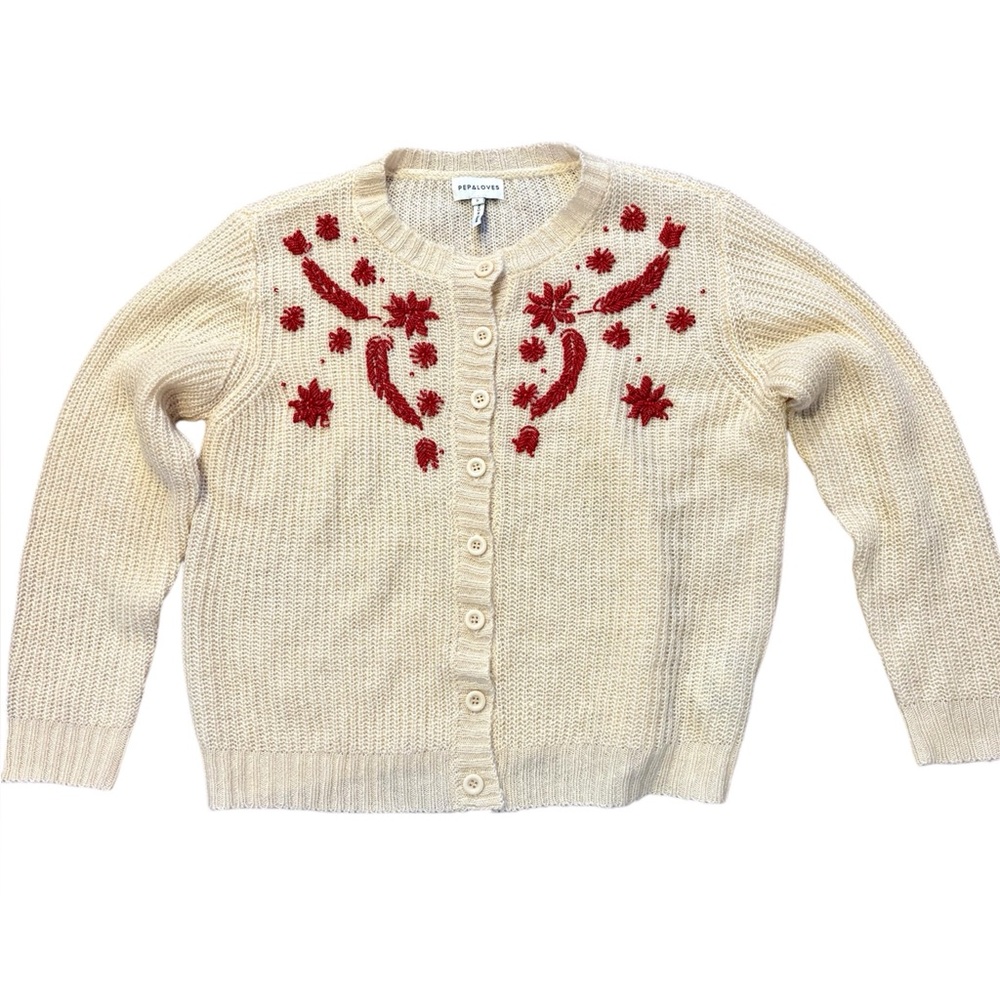 Anthropologie - Pepaloves Women’s Cream Cardigan with Red Floral Embroidery